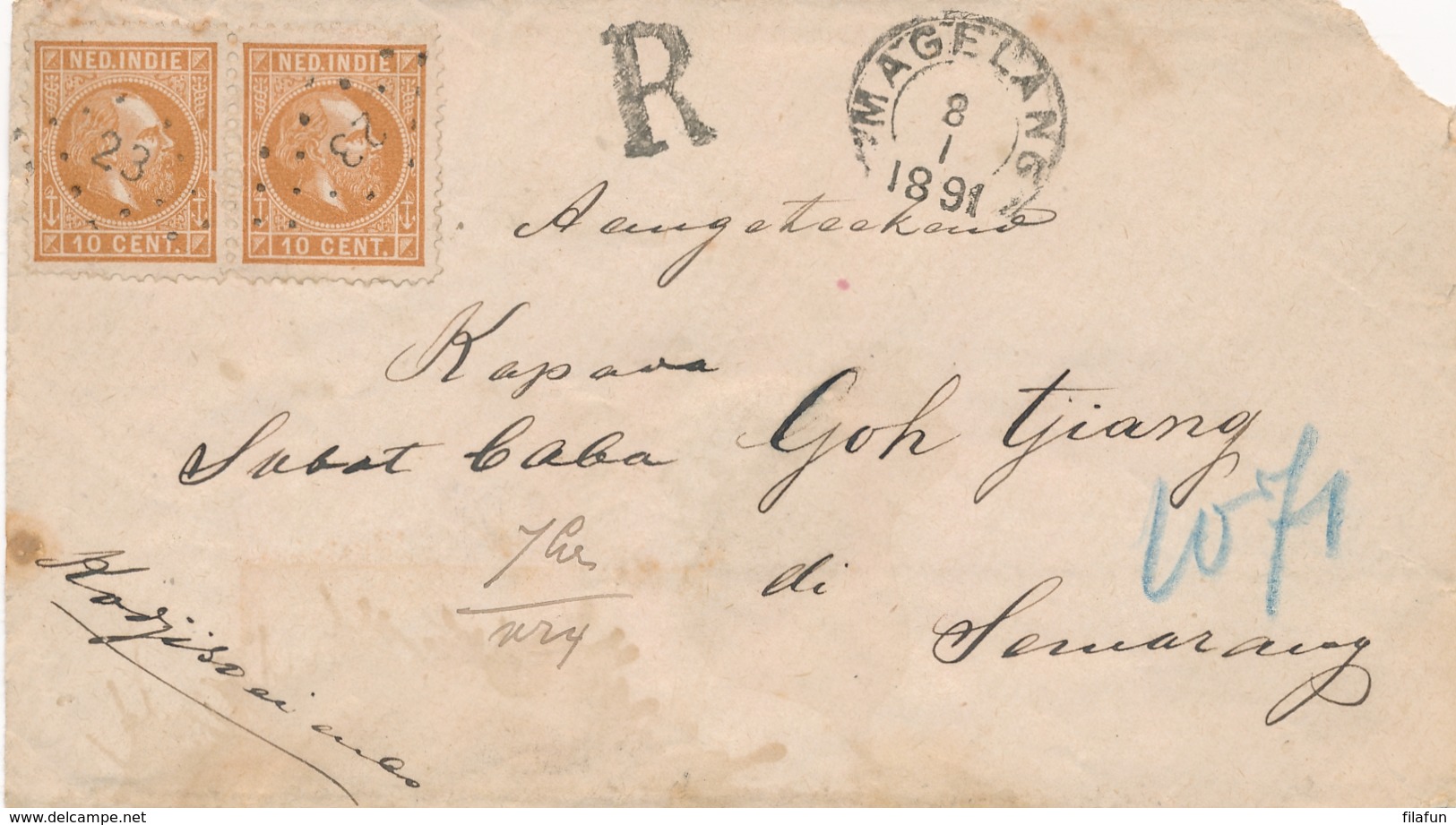 Nederlands Indië - 1891 - 2x10 Cent Willem III Op R-cover Van KR- En Puntstempel MAGELANG Naar Semarang - Niederländisch-Indien