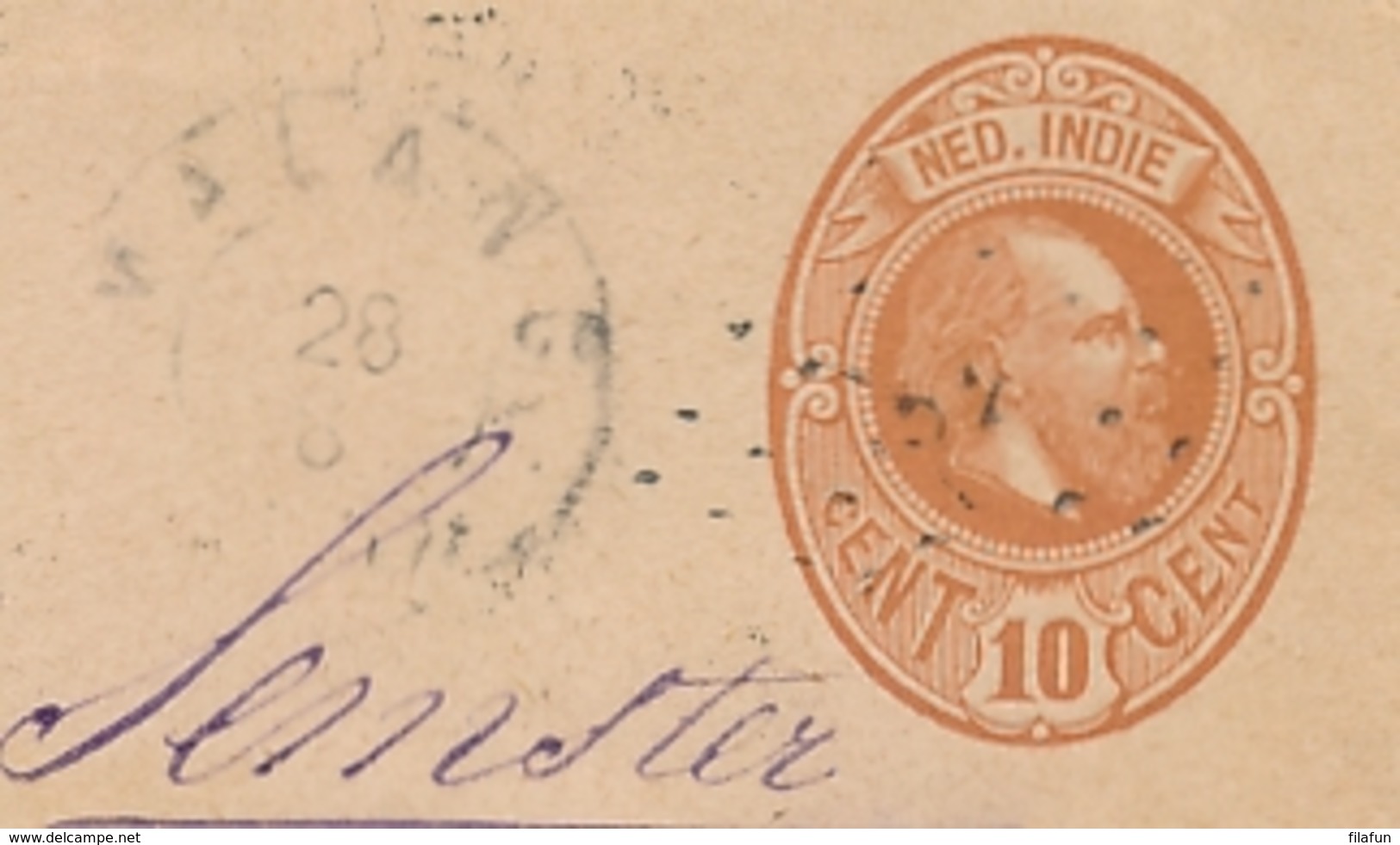 Nederlands Indië - 1890 - 10 Cent Willem III, Envelop G6 Van KR- En Puntstempel MALANG - Na Posttijd - Naar Djocja - India Holandeses