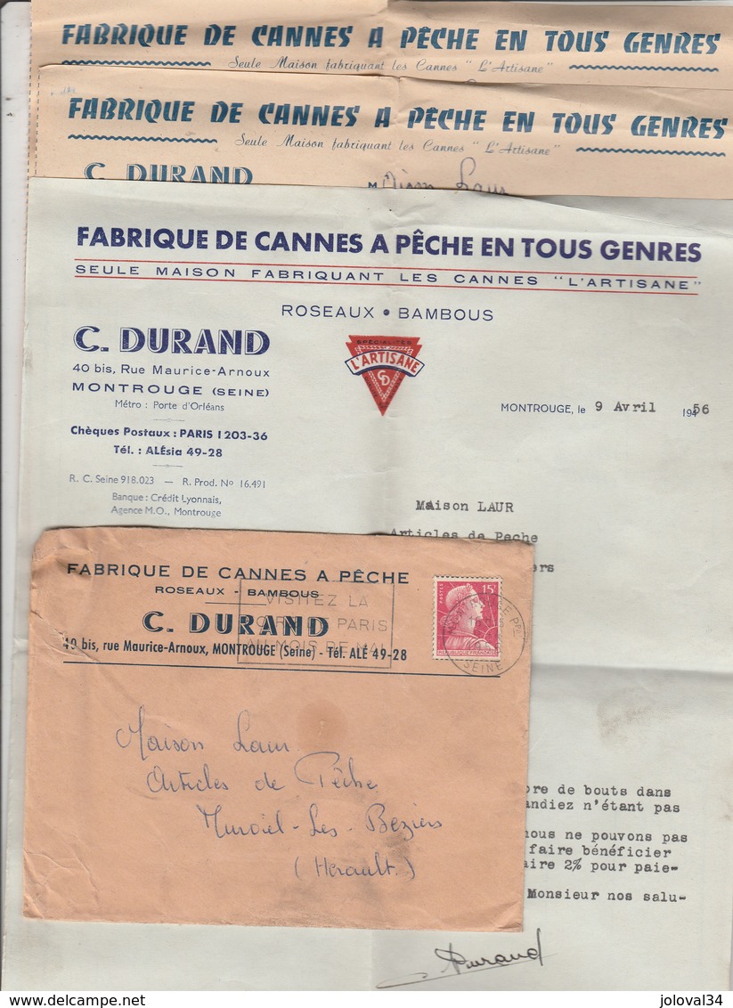 3 Factures 1956 C DURAND Fabrique Cannes à Pêche L'Artisans, Roseaux Bambous MONTROUGE Avec Enveloppe Entête - Banca & Assicurazione