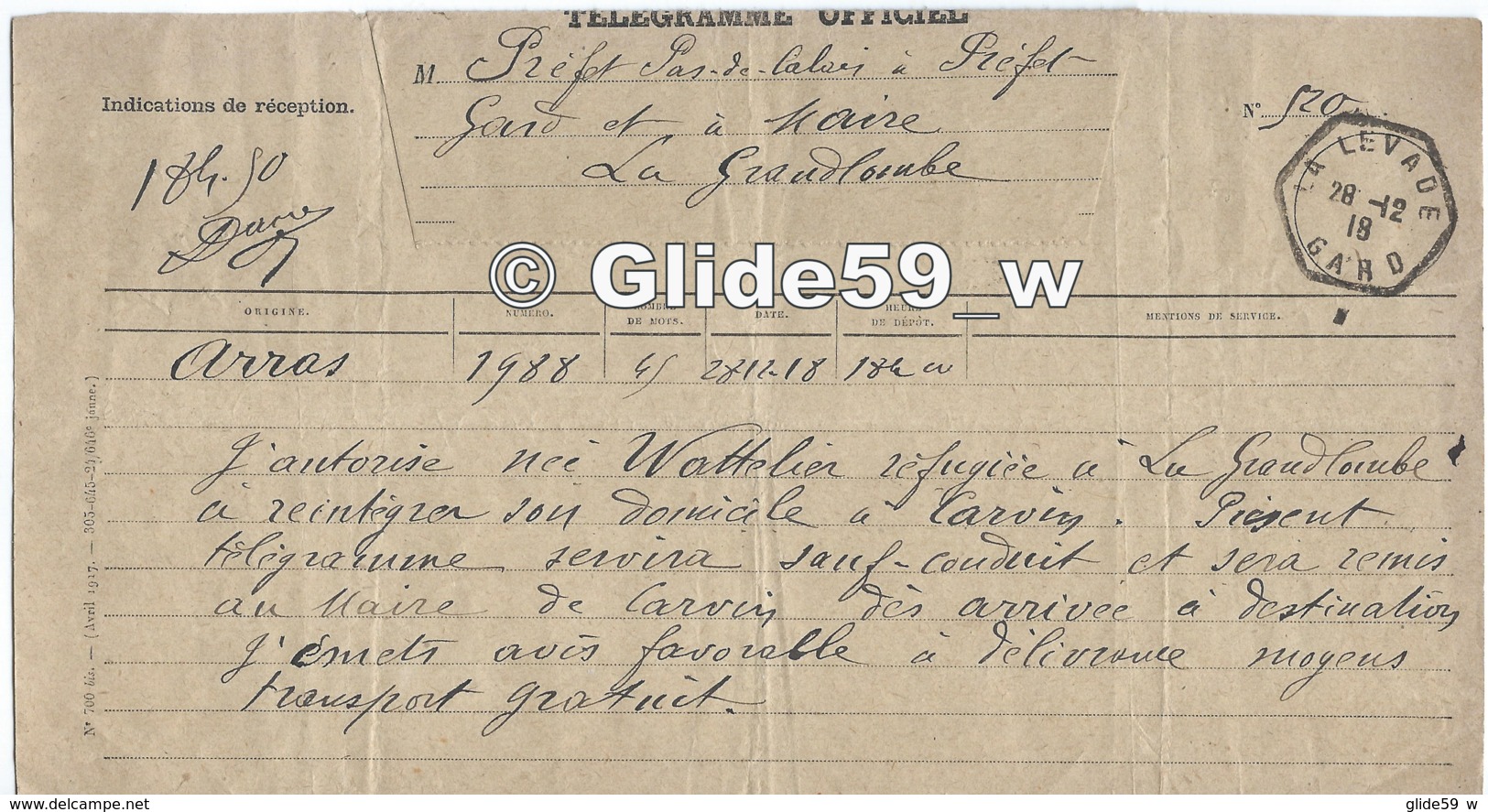 Télégramme Du 28-12-1918 - Préfet Pas-de-Calais à Préfet Du Gard Et Maire La Grand-Combe - Transport Réfugiée WATTELIER - Non Classés