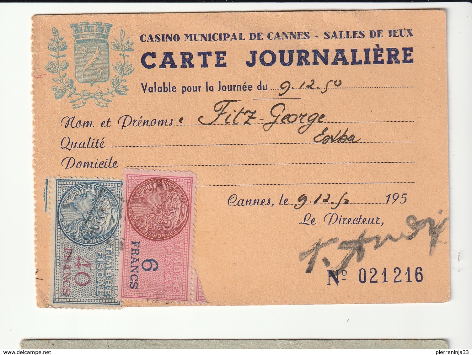 Carte Journalière Du Casino Municipal De Cannes / Salle De Jeux , Avec Timbres Fiscaux ( 40f, 6f)) ,1950 - Andere & Zonder Classificatie