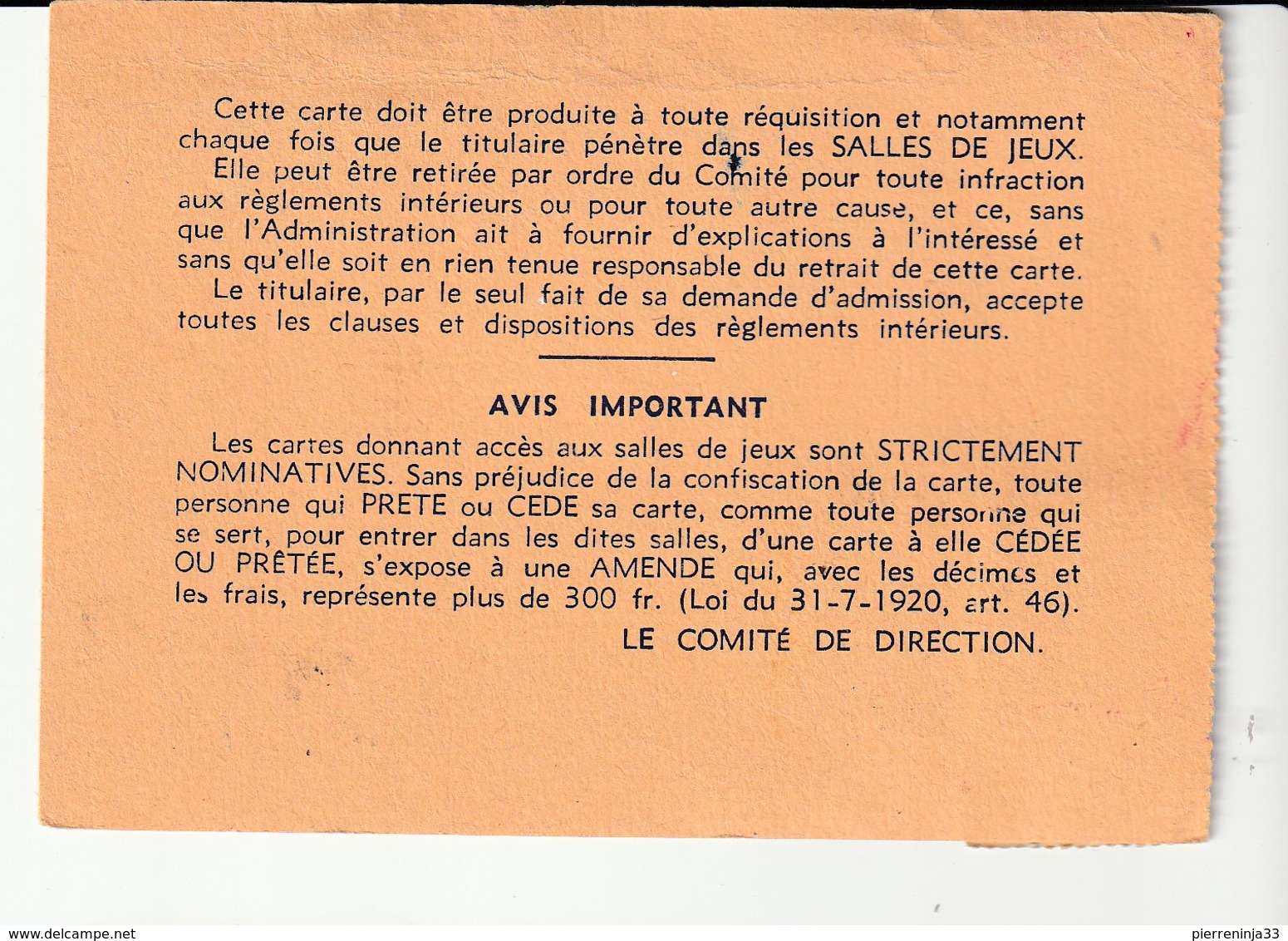 Carte Journalière Du Casino Municipal De Cannes / Salle De Jeux , Avec Timbres Fiscaux ( 40f, 6f)) ,1950 - Andere & Zonder Classificatie