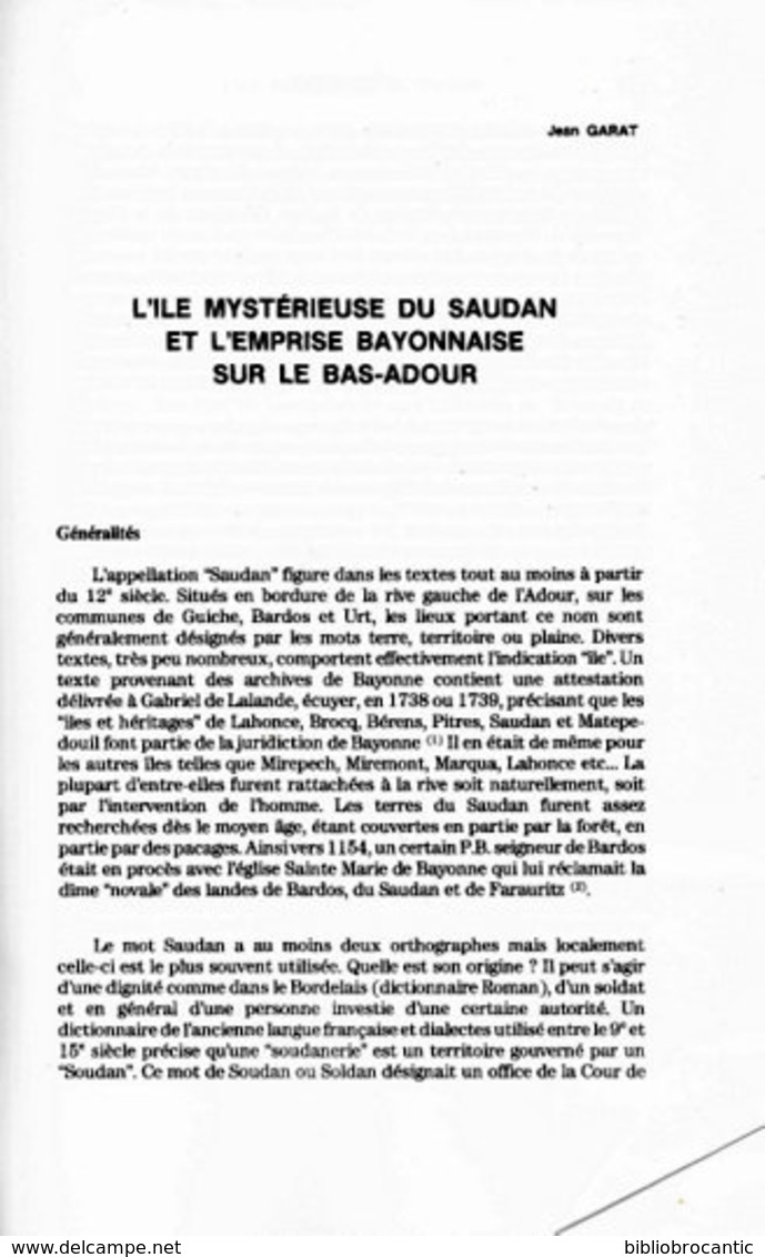 " L'ILE MYSTERIEUSE DU SAUDAN Et L'EMPRISE BAYONNAISE SUR LE BAS-ADOUR " Par J.ean GARAT - Pays Basque