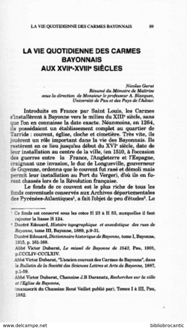 " LA VIE QUOTIDIENNE DES CARMES BAYONNAIS Au XVIIe-XVIIIe Siècles " Par Nicolas GARAT - Pays Basque