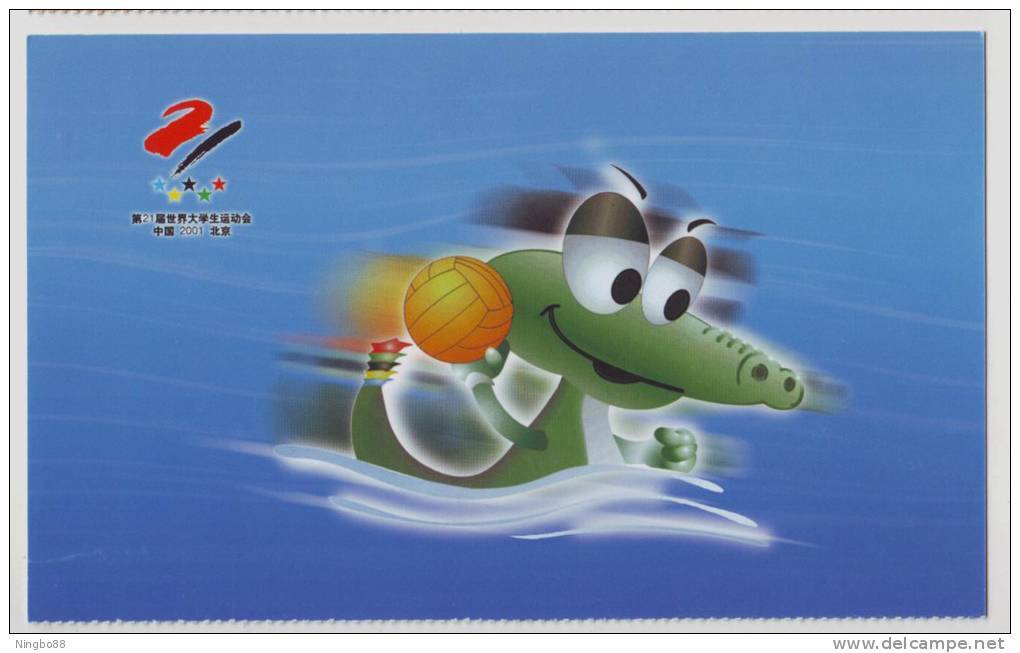 Water Polo,Mascot Yangtze Alligator Lala,China 2001 Beijing World Summer Universiade Advert Pre-stamped Card - Wasserball