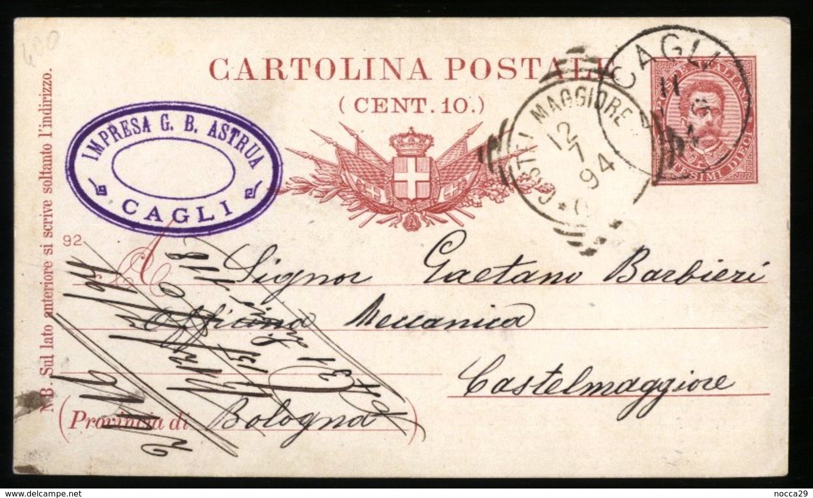 CARTOLINA COMMERCIALE  DI CAGLI DEL 1894 VIAGGIATA PER CASTELMAGGIORE. (INT153) - Negozi