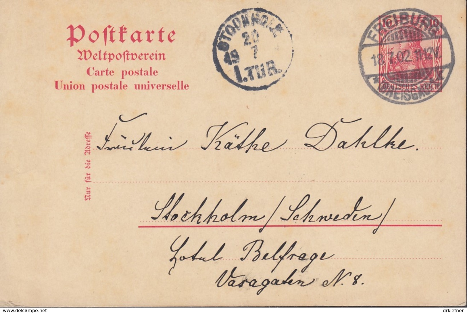 DR P 65 Y, Gestempelt: Freiburg 18.7.1902, Nach Stockholm - Autres & Non Classés