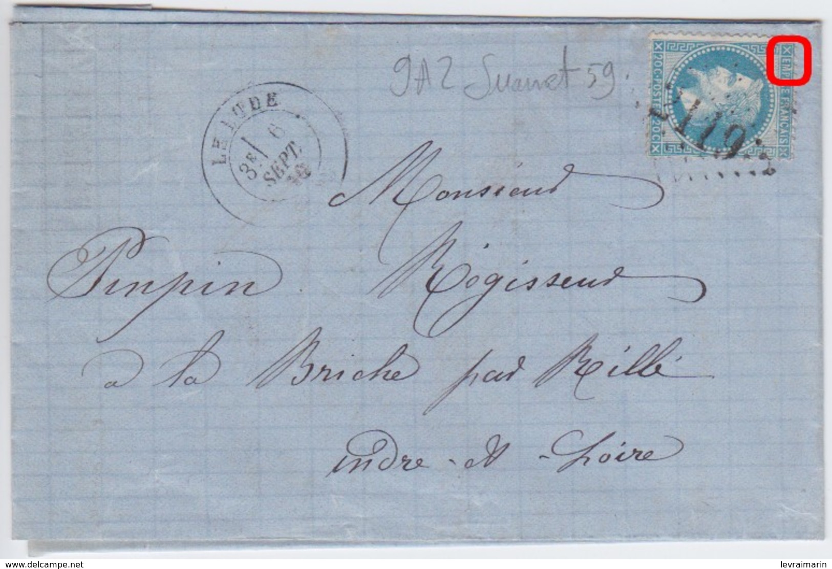 N°29B Sur Lettre Variété Suarnet 59, Position 9A2, M De EMPIRE Relié Au Cadre, TB - 1863-1870 Napoleon III With Laurels