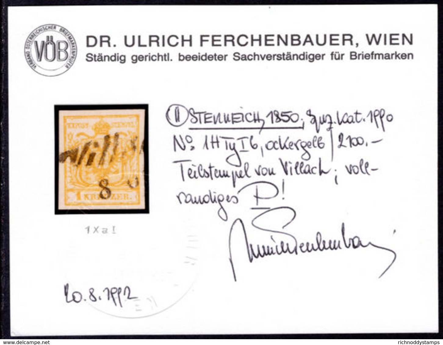 Austria 1850 1k Ochre-yellow Hand-made Paper Very Fine Used With Scarce Villach Postmark. Ferchenbauer Certificate. - Usati