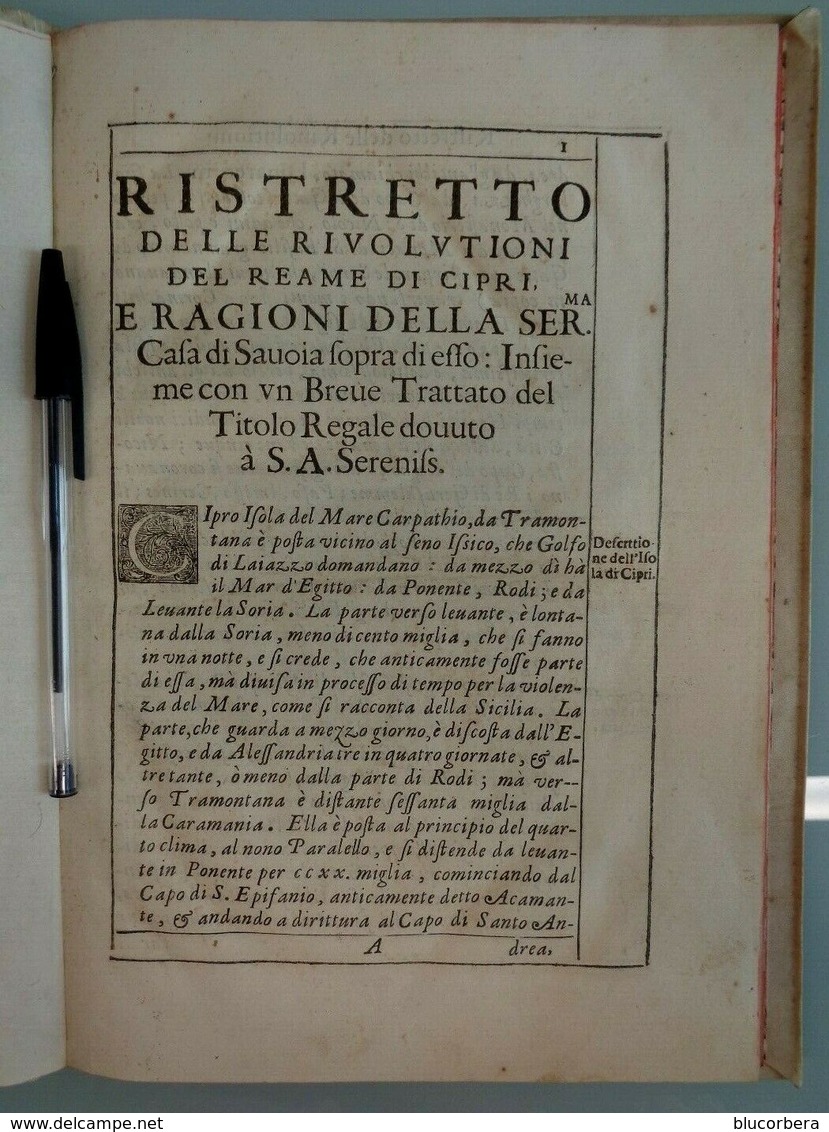 SAVOIA: MONOD PIERRE 1633 RISTRETTO DELLE RIVOLUZIONI DEL REAME DI CIPRI IN FOGLIO RIL. PER. TASSELLO AL DORSO - Libri Antichi