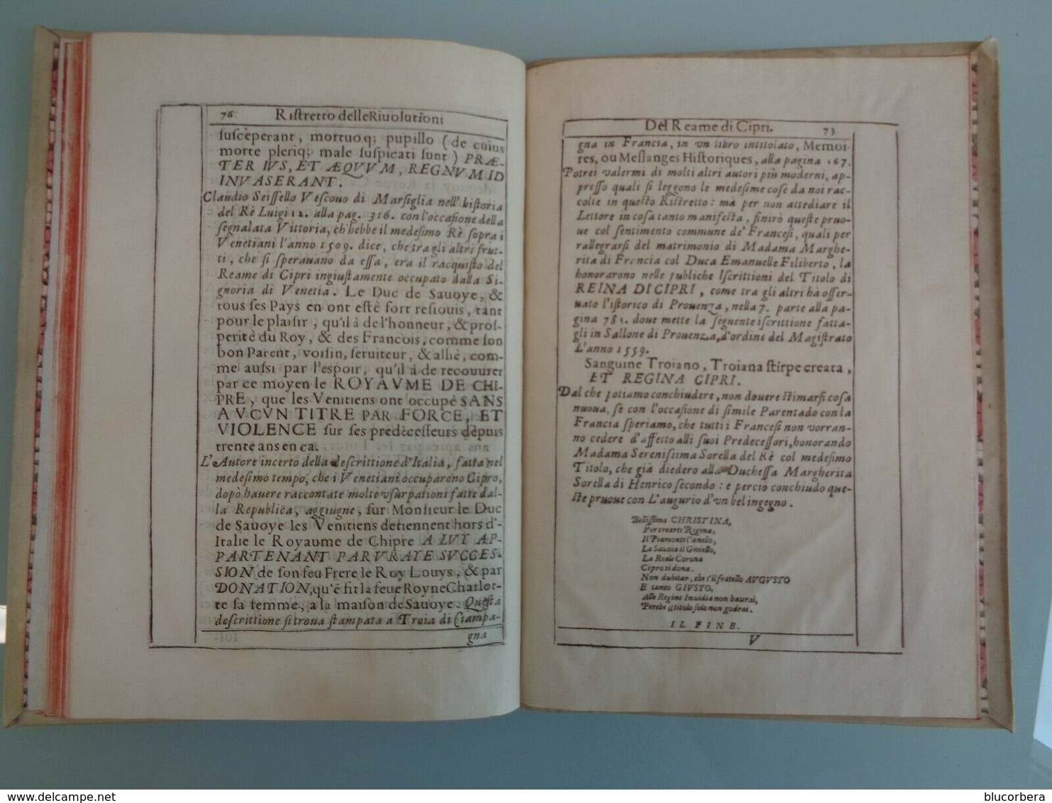 SAVOIA: MONOD PIERRE 1633 RISTRETTO DELLE RIVOLUZIONI DEL REAME DI CIPRI IN FOGLIO RIL. PER. TASSELLO AL DORSO