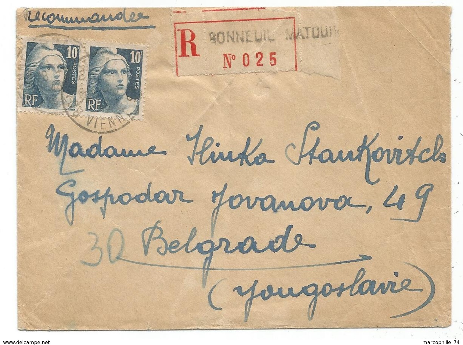 GANDON 10FR GRAVE PAIRE LETTRE REC BONNEUIL 1946 POUR YOUGOSLAVIE AU TARIF - 1945-54 Marianne Of Gandon