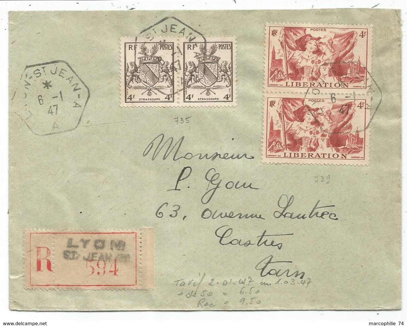 N°735 PAIRE + 739 PAIRE LETTRE REC C. HEX LYON ST JEAN 6.1.1947   AU TARIF - 1941-66 Armoiries Et Blasons