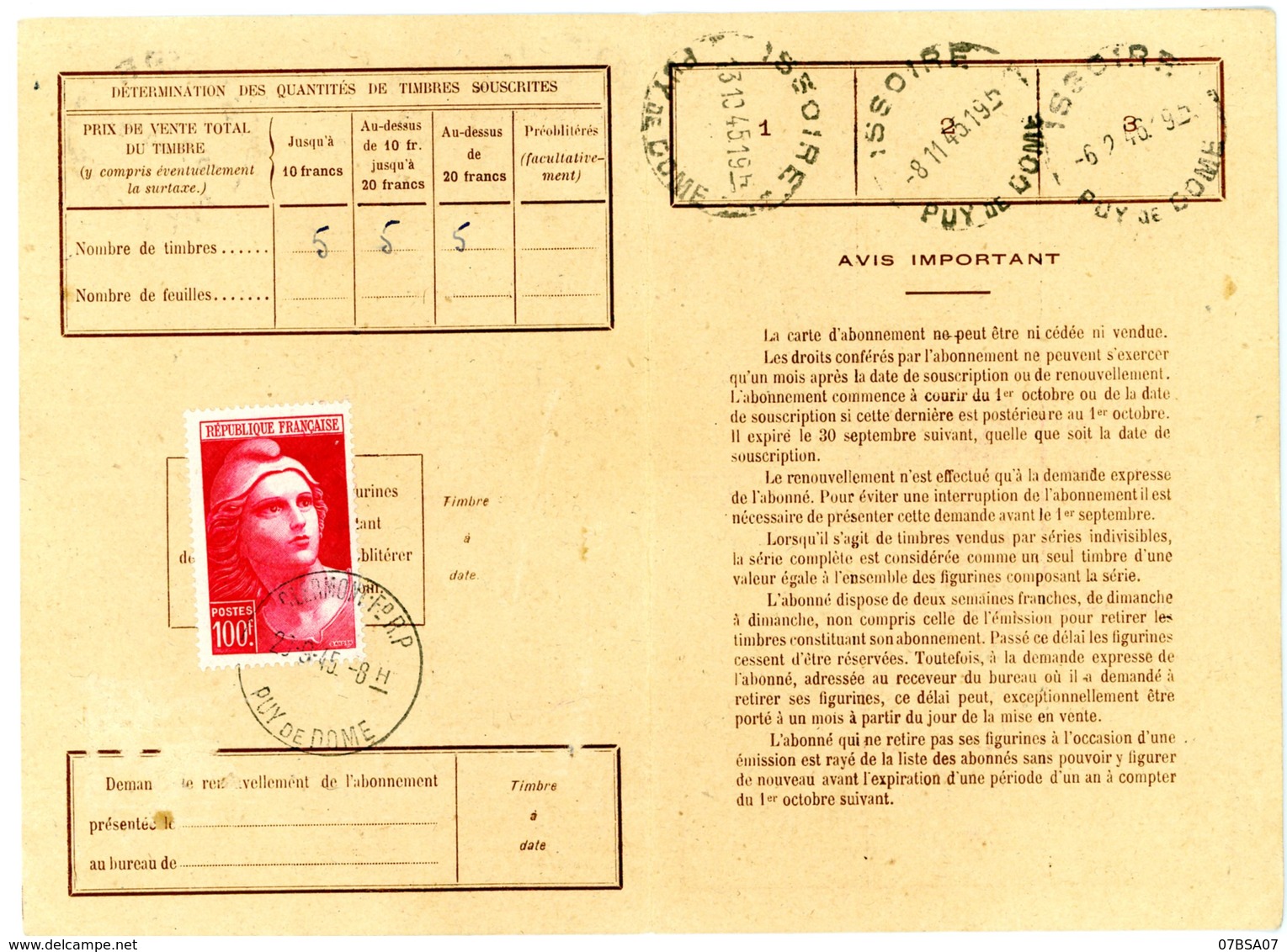 PUY DE DOME CARTE ABONNEMENT AUX TIMBRES POSTE 1946 100F GANDON SEUL TYPE A4 CLERMONT FD POUR LE BUREAU DE ISSOIRE - 1921-1960: Période Moderne