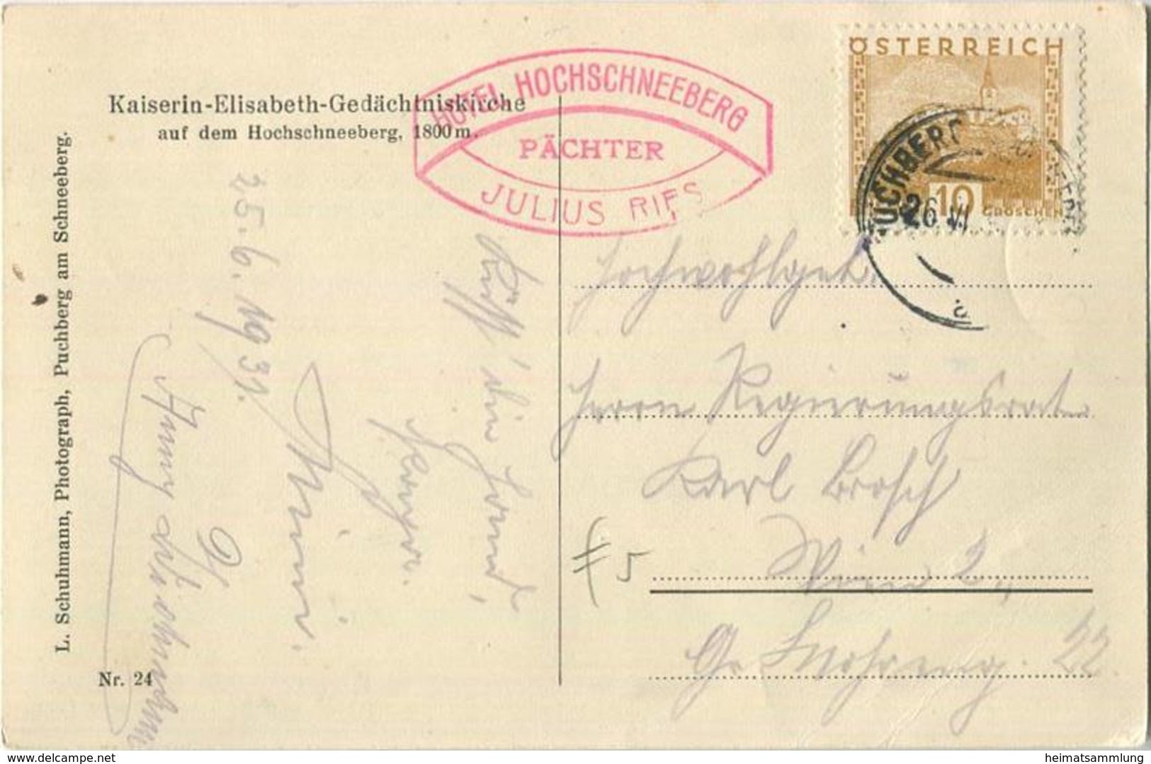 Kaiserin-Elisabeth-Gedächtniskirche Auf Dem Hochschneeberg - Verlag L. Schuhmann Puchberg Gel.1931 - Schneeberggebiet