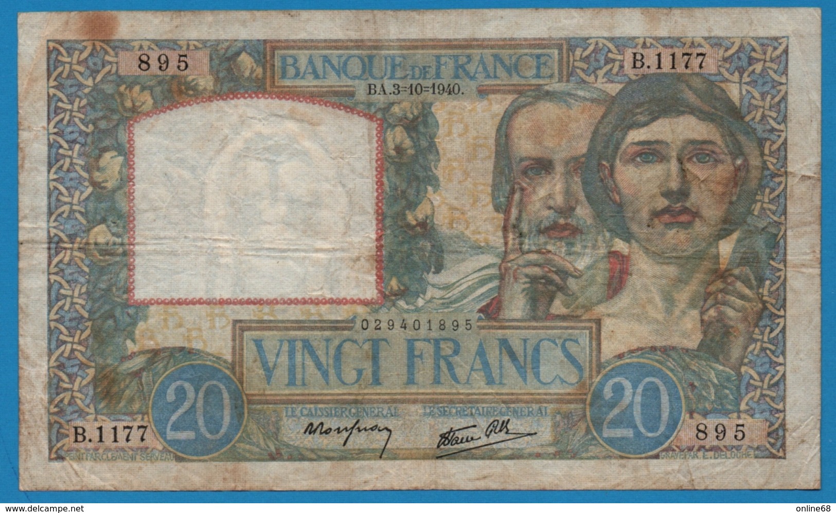 FRANCE 20 FRANCS 3.10.1940 Alpha B.1177 ''Science Et Travail'' F#12/8 - 20 F 1939-1942 ''Science Et Travail''