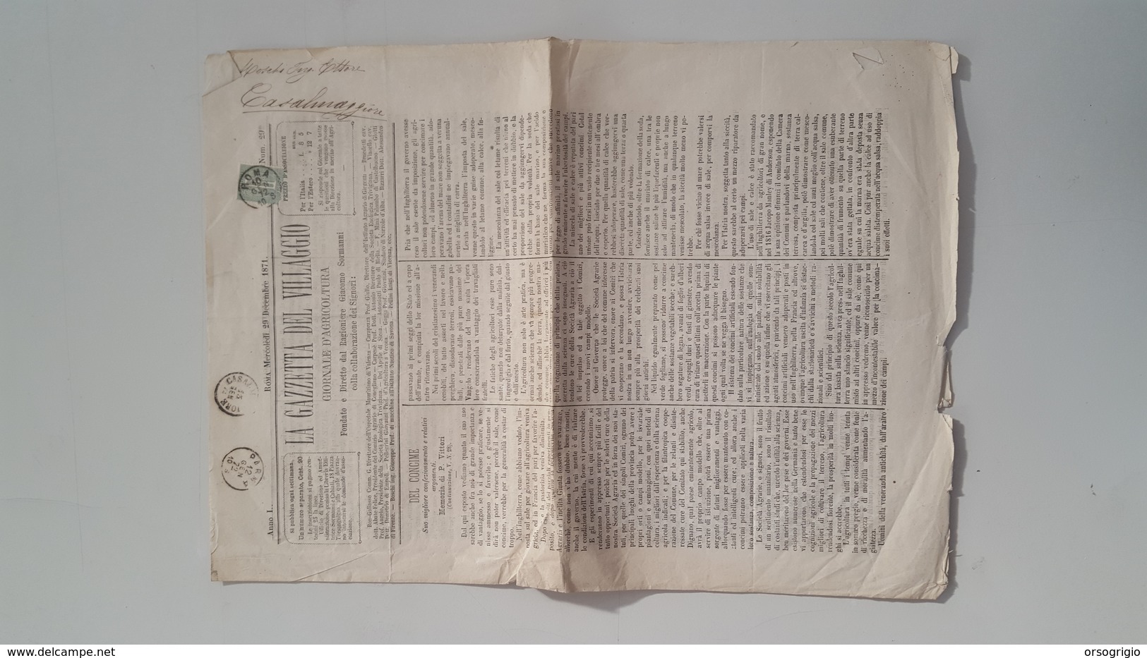 GIORNALE SETTIMANALE - LA GAZZETTA DEL VILLAGGIO - ANNO 1 - 1871 - Avant 1900