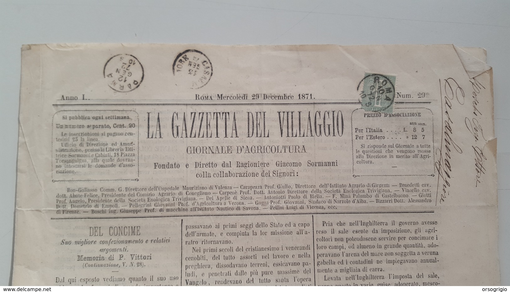 GIORNALE SETTIMANALE - LA GAZZETTA DEL VILLAGGIO - ANNO 1 - 1871 - Ante 1900