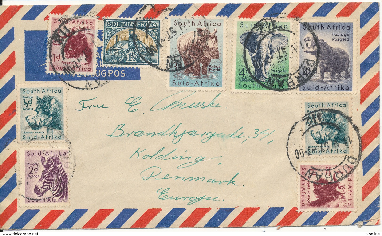 South Africa Air Mail Cover Sent To Denmark 11-5-1957 With A Lot Of Topic Stamps ANIMALS - Lettres & Documents