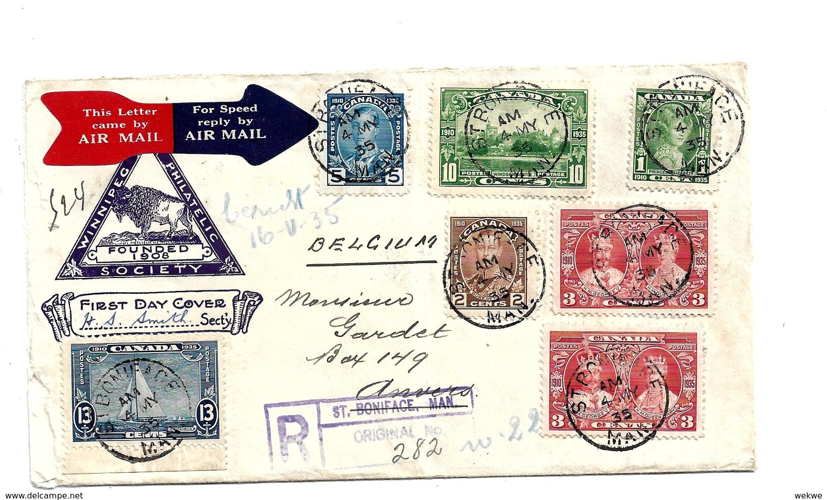 CFD028 / Regierungsjubiläum Georg V, 4.5.35, FDC Einschreiben Nach Belgien - Covers & Documents