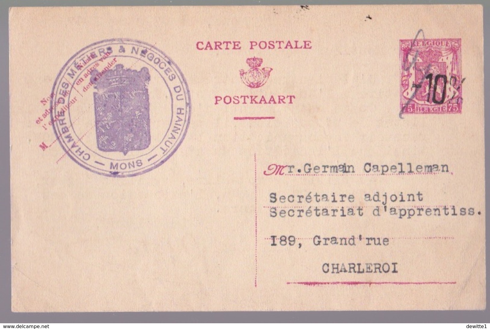 E.P  - 10% Sur 75c  De. Mons Vers Charleroi. - Cartes Postales 1934-1951