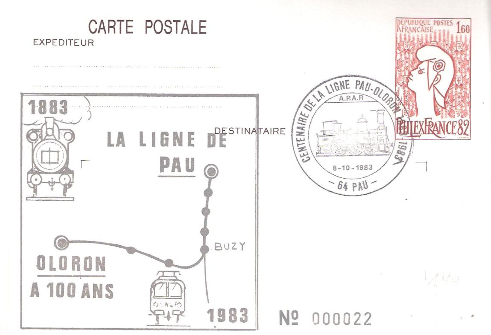 Pyrénées Atlantiques :- PAU  CENTENAIRE DE LA LIGNE PAU OLORON 8-10-1983 Thème Ferroviaire - Commemorative Postmarks