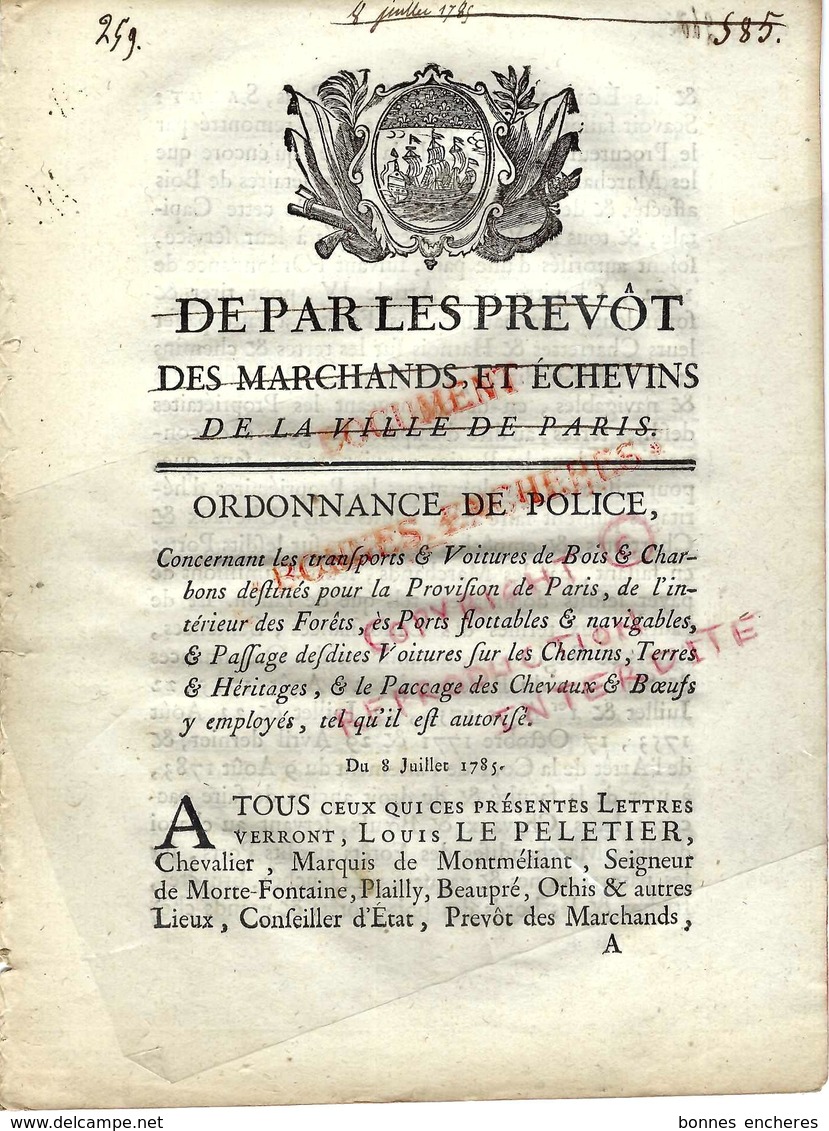 1785 PARIS APPROVISIONNEMENT & CIRCULATION à Paris  BOIS FLOTTES BOIS & CHARBONS PASSAGE DES VOITURES  REGLEMENTATION - Documents Historiques