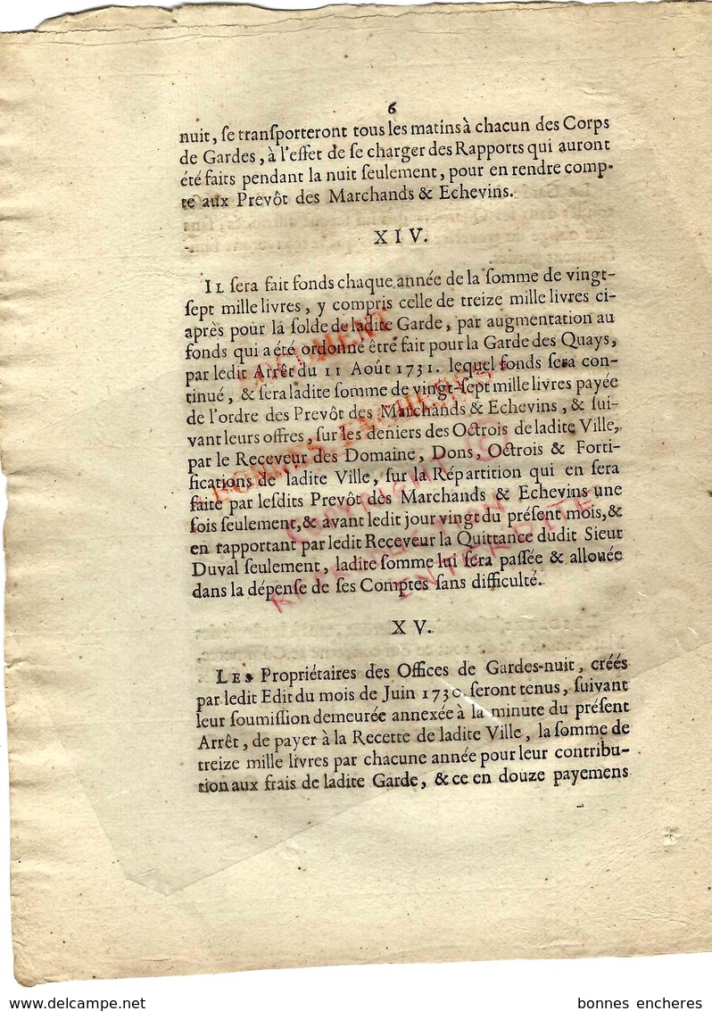 1736 PARIS HISTORIQUE Et MAL CONNU  APPROVISIONNEMENT PORTS ET CHANTIERS GARDES DE JOUR ET NUIT - Historische Dokumente