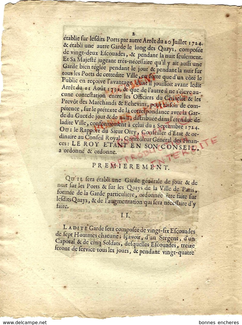 1736 PARIS HISTORIQUE Et MAL CONNU  APPROVISIONNEMENT PORTS ET CHANTIERS GARDES DE JOUR ET NUIT - Historische Dokumente