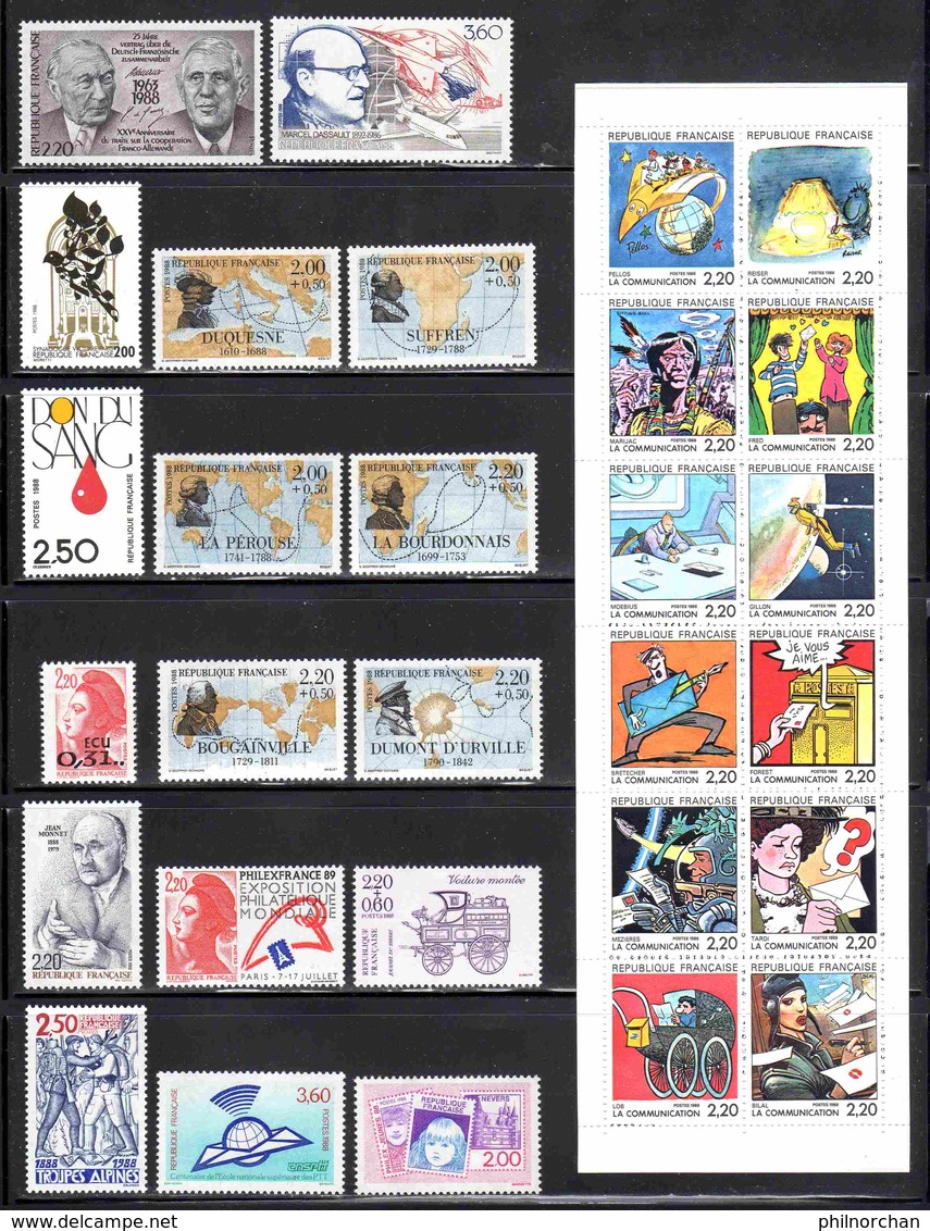 France 1988 Année Complète Neuve** (sauf N°2526)  Ex N°1   TB   19,50 €  (faciale 23,98 €  56 Valeurs) - 1980-1989