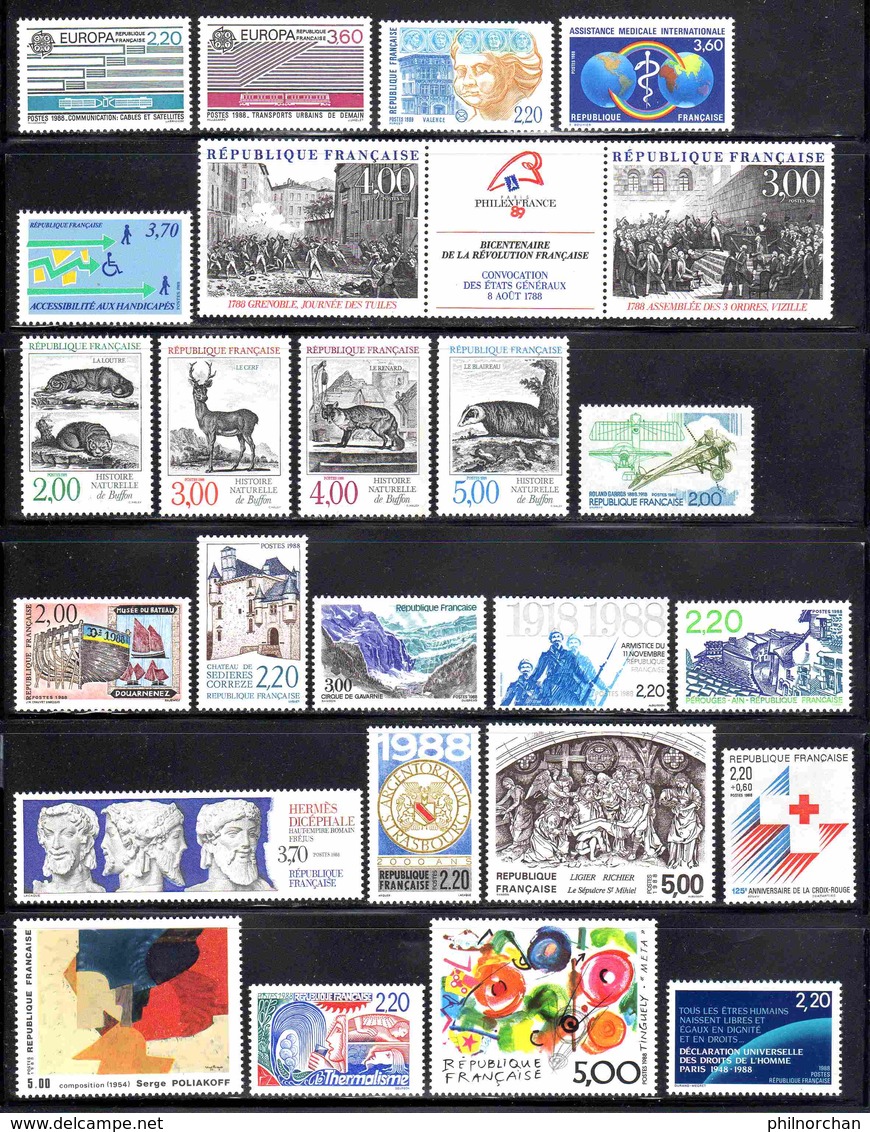 France 1988 Année Complète Neuve** (sauf N°2526)  Ex N°1   TB   19,50 €  (faciale 23,98 €  56 Valeurs) - 1980-1989