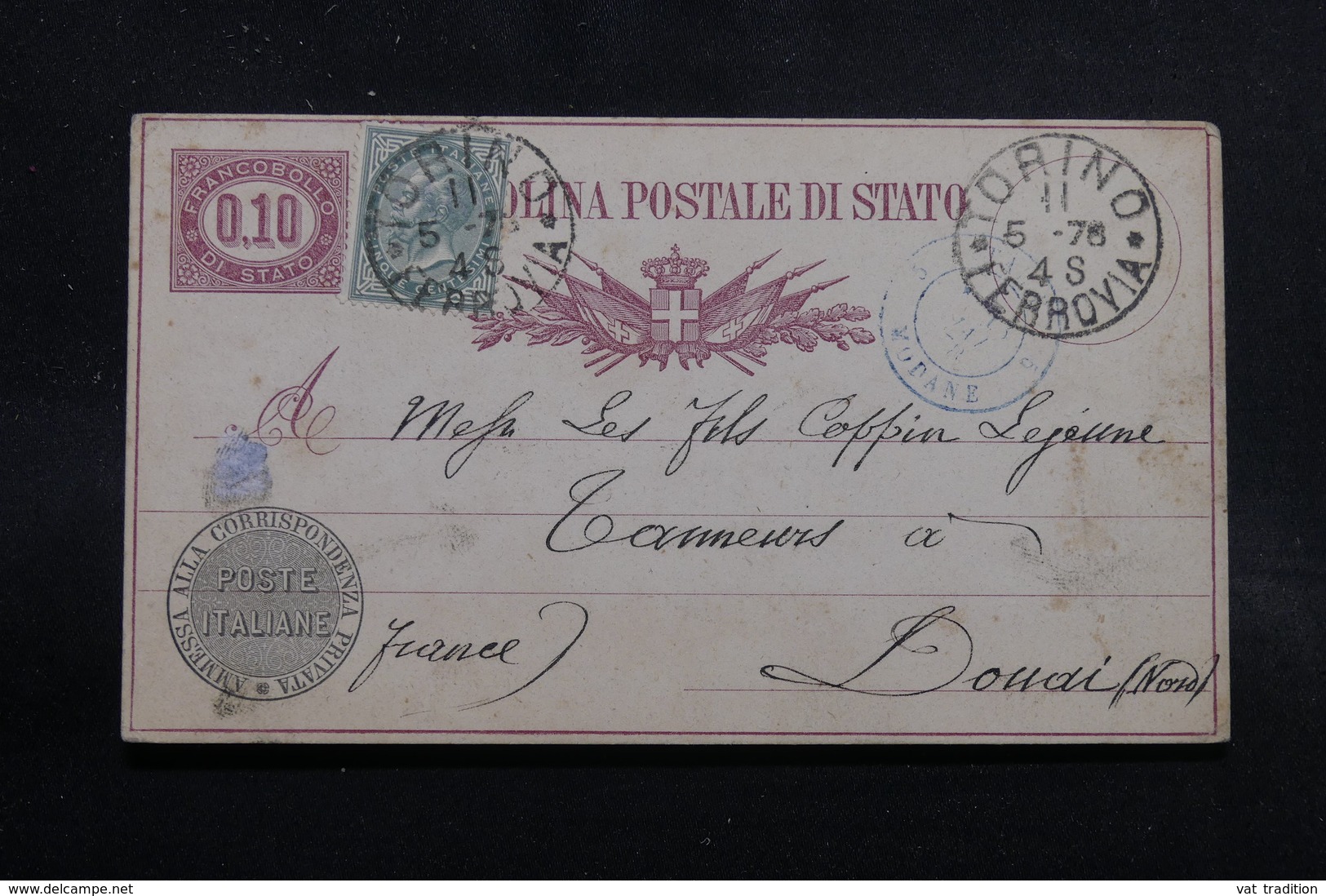 ITALIE - Entier Postal + Complément De Torino Pour La France En 1878 - L 55390 - Interi Postali