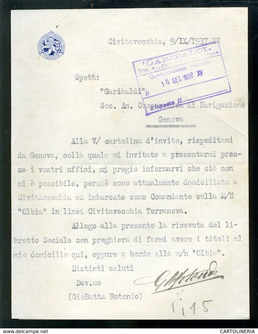 Fascismo Marina Navigazione Documento Civitavecchia - Documenti Storici