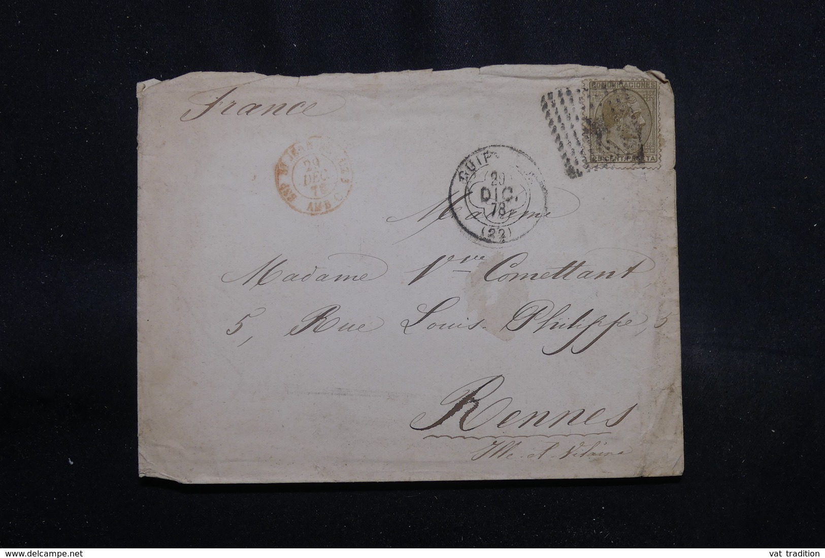 ESPAGNE - Enveloppe Pour La France En 1878, Affranchissement Plaisant - L 55399 - Lettres & Documents