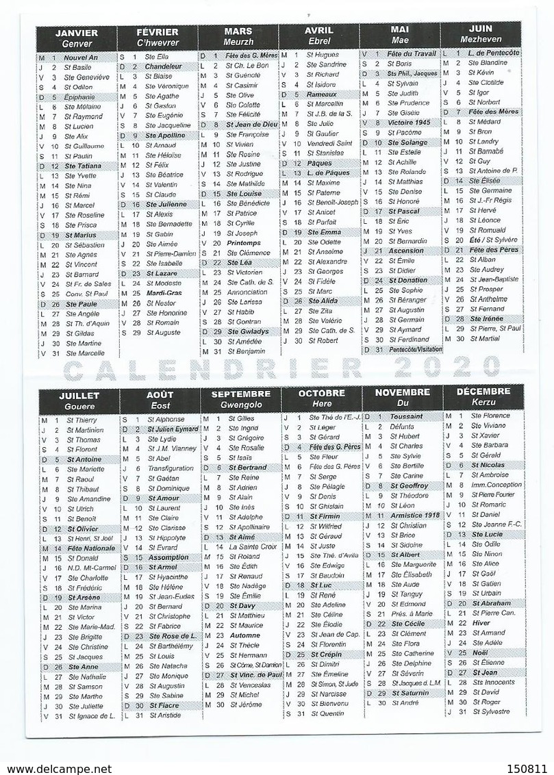 CALENDRIER DE POCHE 2 VOLETS ANNÉE 2020 ( RECTO/VERSO) - Petit Format : 2001-...