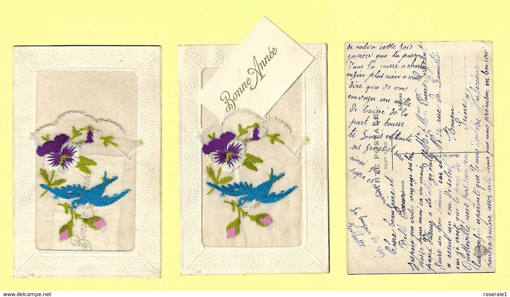 CPA, Fantaisie, BONNE ANNEE, BRODERIE ET PETITE CARTE DE VŒUX - Nieuwjaar