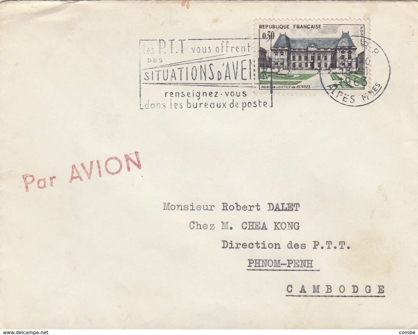 LETTRE. 18 1 63. PAR AVION. N° 1351 SEUL. ORDINAIRE. NICE POUR PHNOM-PENH CAMBODGE - 1961-....