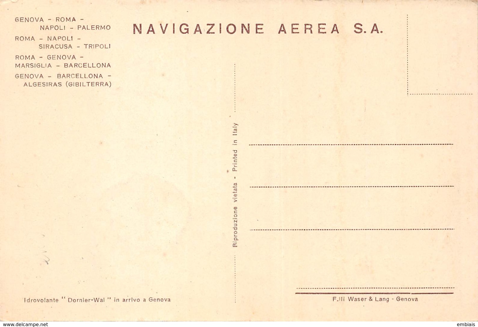 NAVIGAZIONE AEREA S.A. Hydravion " DORNIER-WAL" In Arrivo A Genova - 1919-1938: Entre Guerres