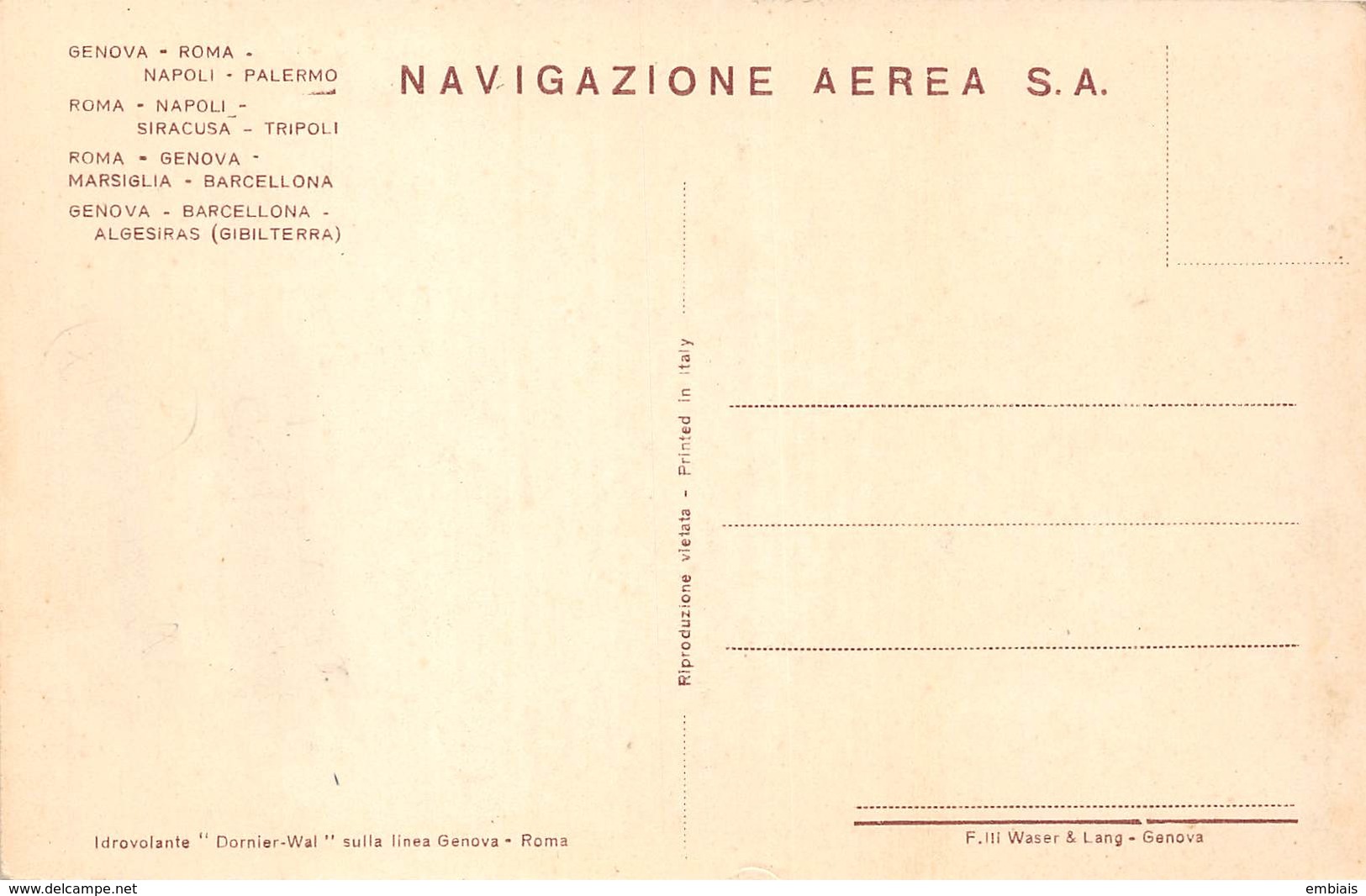 NAVIGAZIONE AEREA S.A. Hydravion " DORNIER-WAL" Sulia Linea Genova-Roma - 1919-1938: Entre Guerres