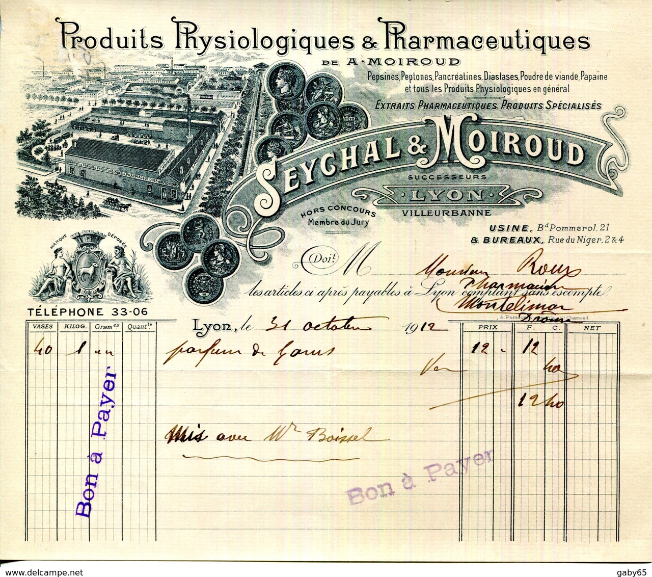 69.LYON-VILLEURBANNE.PRODUITS PHYSIOLOGIQUES & PHAMACEUTIQUES.SEYCHAL & MOIROUD.21 BOULEVARD POMMEROL.(P.J ) - Droguerie & Parfumerie