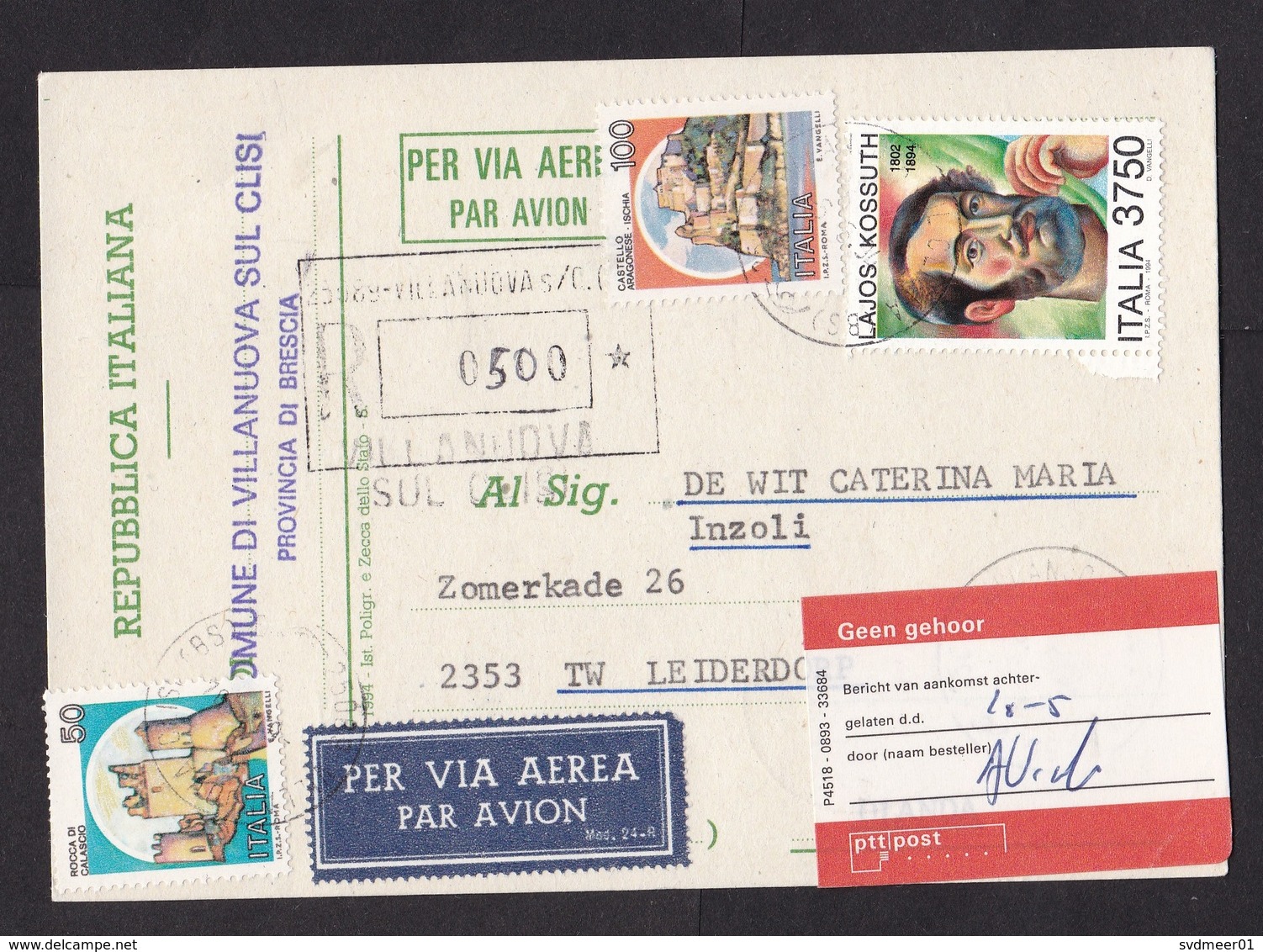 Italy: Registered Postcard To Netherlands, 3 Stamps, Kossuth, Label Not At Home, Card: EU Elections (traces Of Use) - Andere & Zonder Classificatie