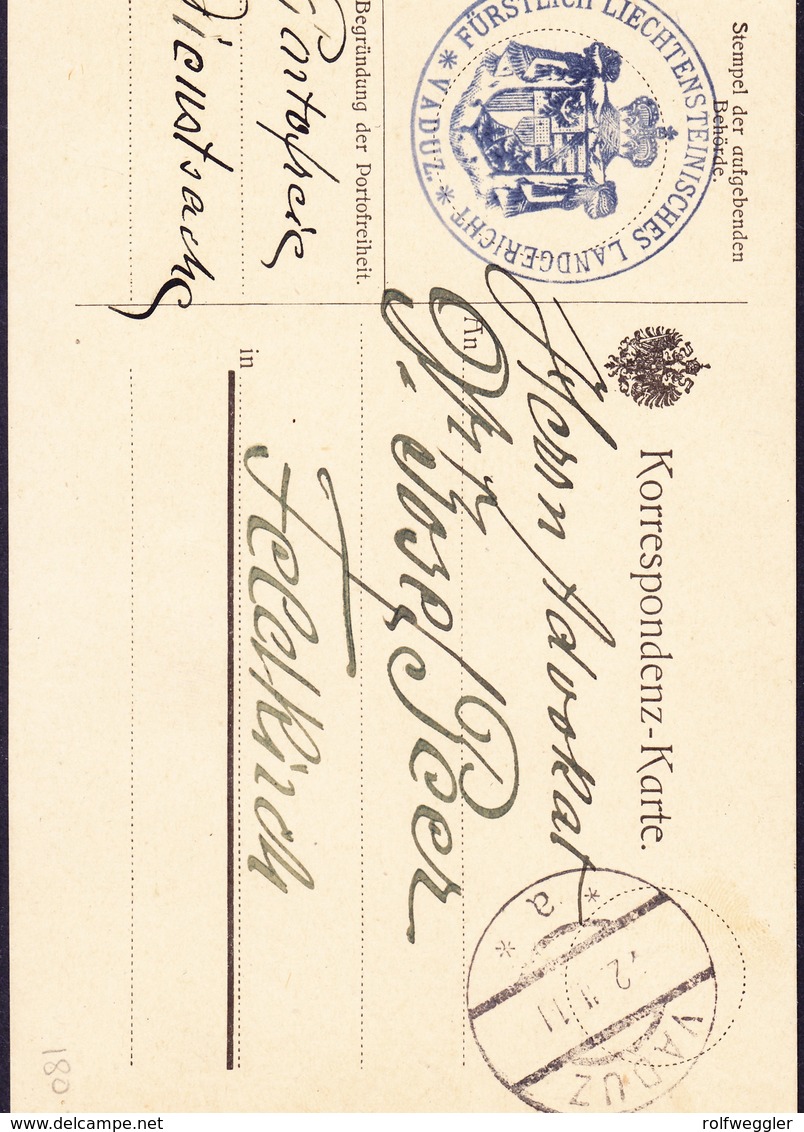 1911 Korrespondenz Karte Des Landgerichtes Aus Vaduz Nach Feldkirch, Portofreie Dienstsache - ...-1912 Préphilatélie