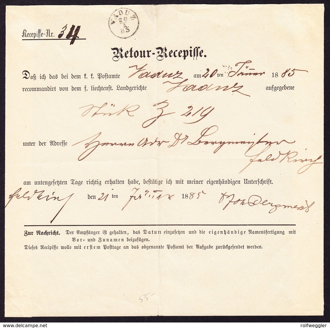 1885 Retour Recepisse Mit Fingerhut Stempel Vaduz, Gefaltet. - ...-1912 Vorphilatelie