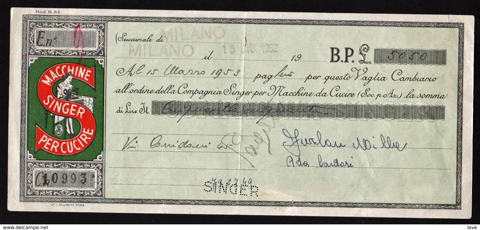 ITALIE: Billet Illustré à L'ordre De La Cie Singer, Machine à Coudre à Payer Au 15/03/1953............. - Autres & Non Classés