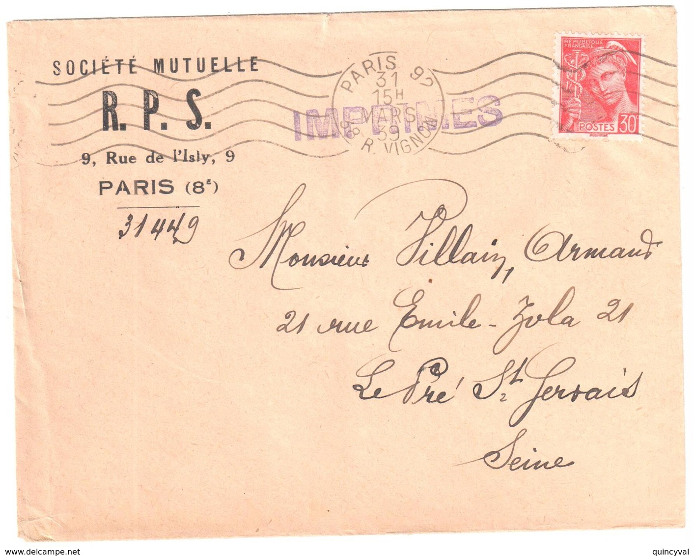 PARIS 92 38 R Vignon Lettre Entête Sté Mutuelle RPS Imprimé 30c Mercure Rouge Yv 412 Ob Meca RBV 31 3 1939 - Lettres & Documents