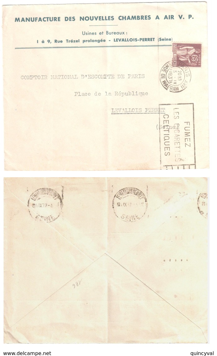 PARIS XVII Wagram Entête CHAMBRES AIR VP 65c Paix Yv 284 Verso Ob 1937 Meca Krag  Arrivée Levallois LEV103 - Cartas & Documentos