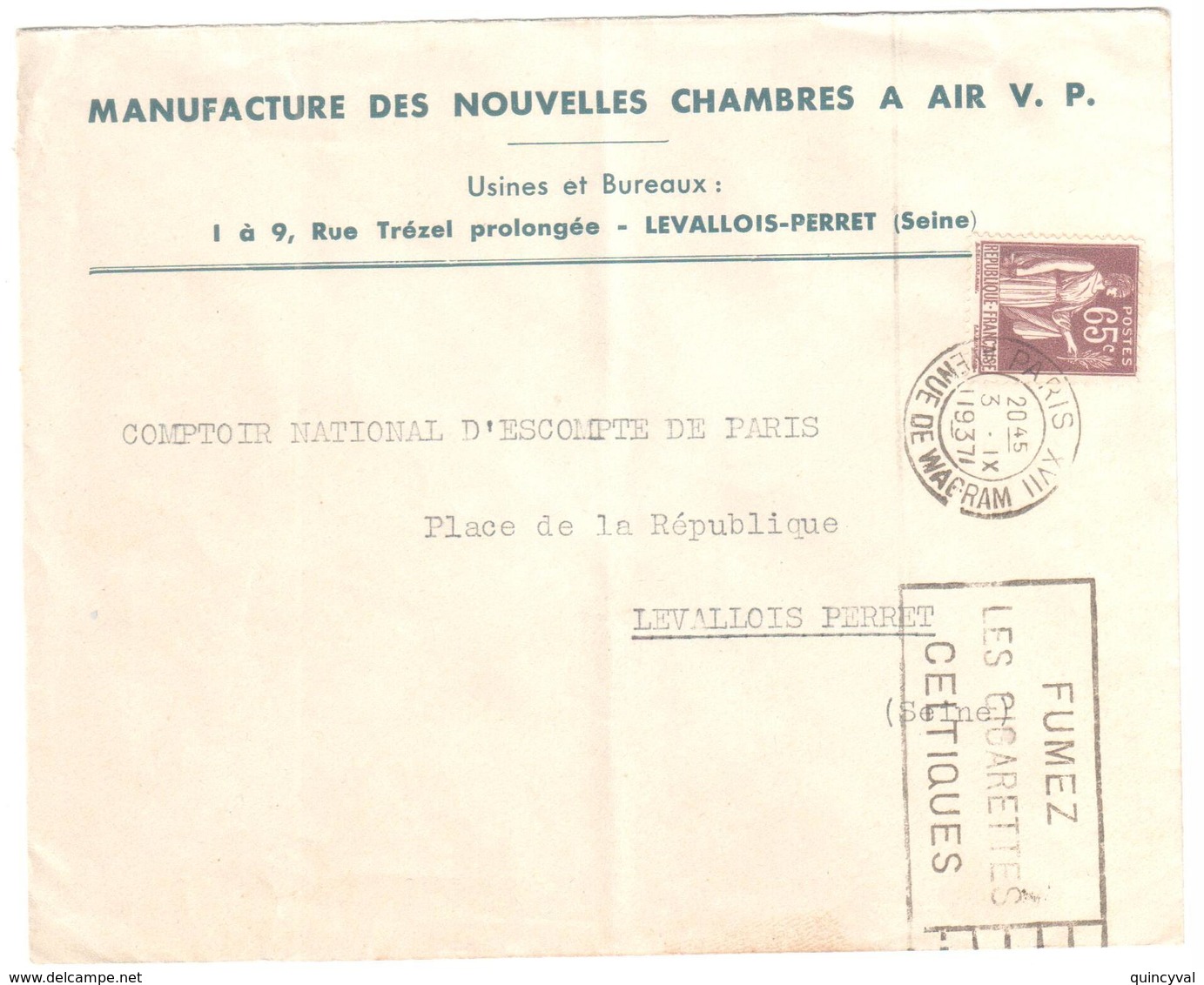 PARIS XVII Wagram Entête CHAMBRES AIR VP 65c Paix Yv 284 Verso Ob 1937 Meca Krag  Arrivée Levallois LEV103 - Lettres & Documents