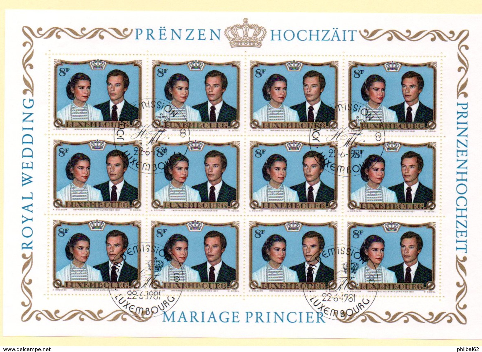 Luxembourg, Mariage Princier N° 986 En Feuille De 12. Oblitération 1er Jour - Used Stamps