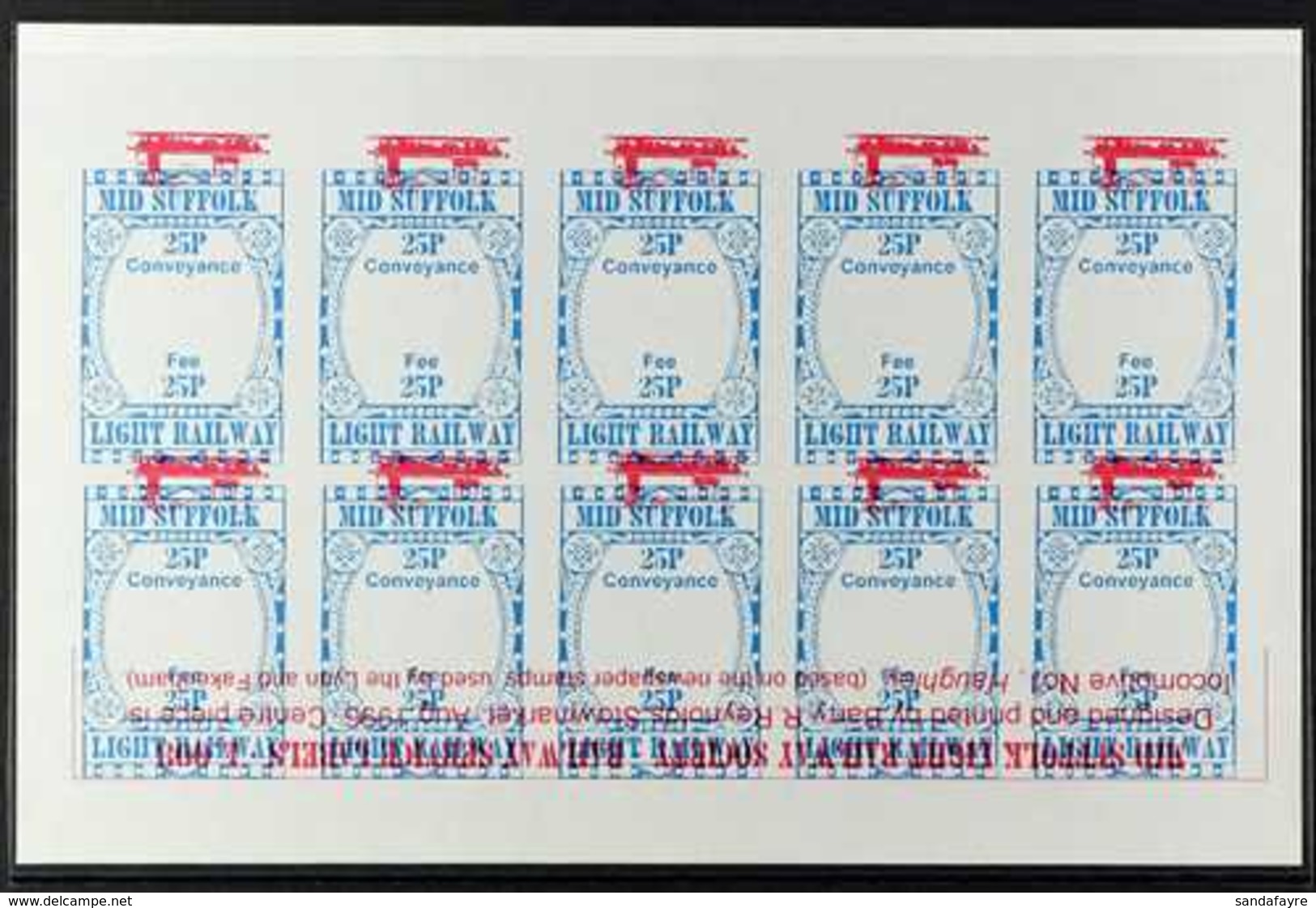 RAILWAYS MID SUFFOLK LIGHT RAILWAY 1996 25p Blue & Red Local Stamp Complete SHEETLET Of 10 With RED COLOUR INVERTED Vari - Unclassified