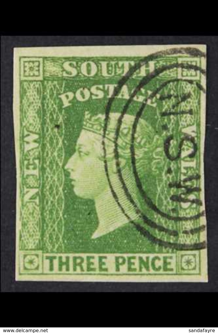 NEW SOUTH WALES 1856-60 3d Yellow-green Diadem, SG 15, Very Fine Used With 4 Margins & Queens Face Clear. For More Image - Altri & Non Classificati